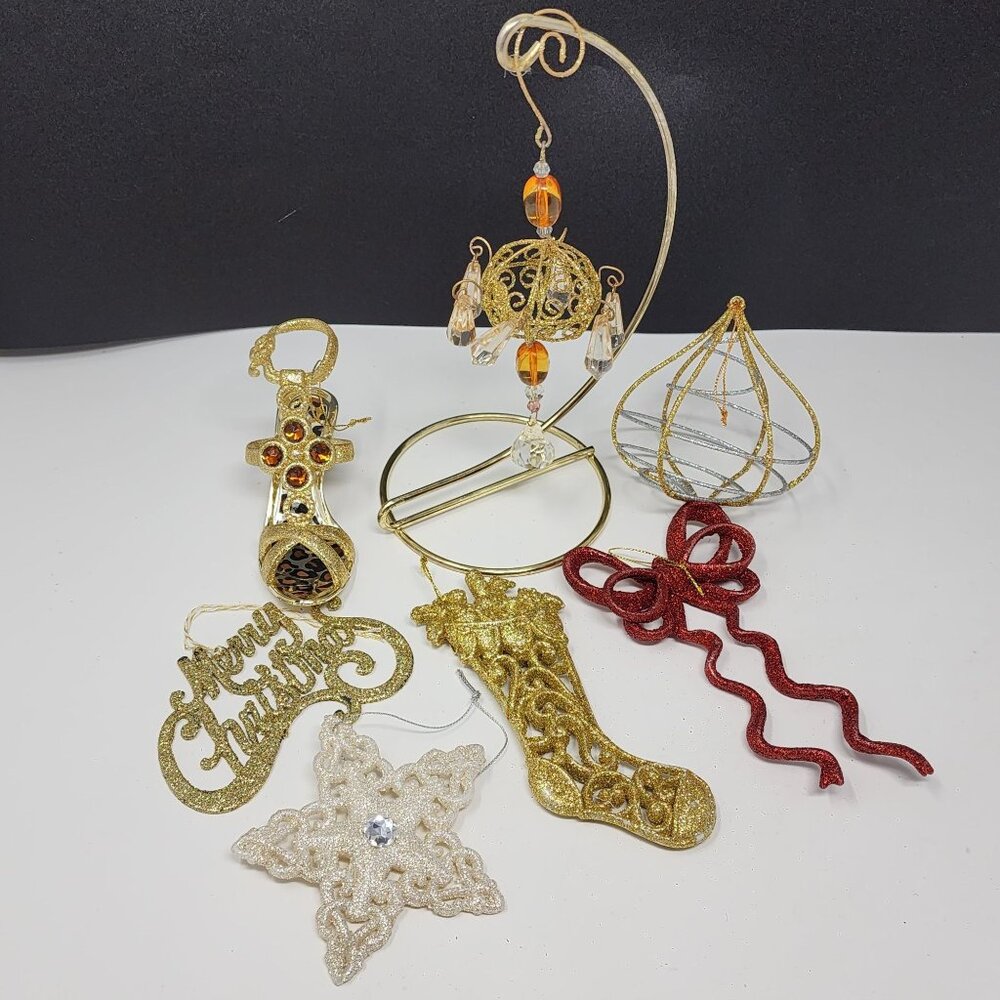 Glitter Plastic Metal Ornament Lot of 7 Chandelier Star Bow Stocking Shoe VTG